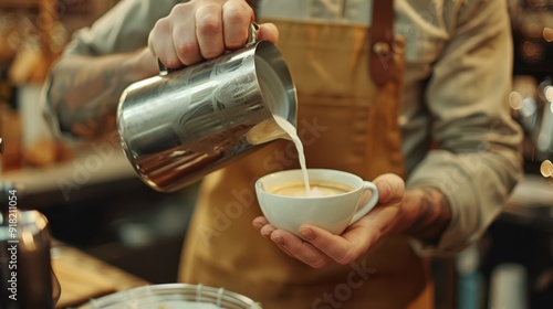 The barista pouring milk photo