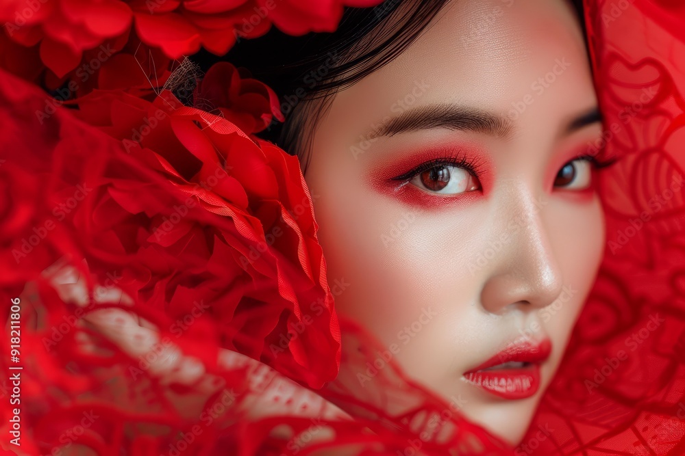 Closeup of an asian woman's face surrounded by vibrant red flowers, exuding mystery and allure Closeup of an asian woman's face surrounded by vibrant red flowers, exuding mystery and allure