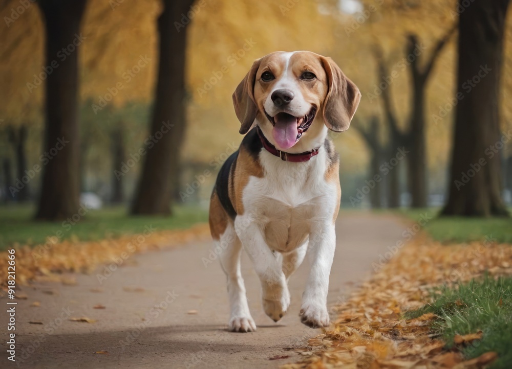 The beagle stands in the grass with his tongue sticking out. Breed dog portrait. Happy Dog on the walk in the park. The beagle stands in the grass with his tongue sticking out. Breed dog portrait. Happy Dog on the walk in the park.