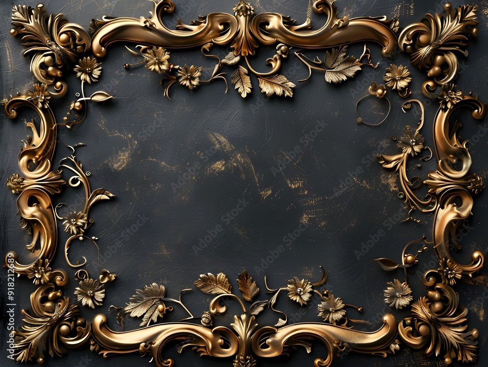 Ornate Baroque style Golden Frame with Intricate Floral Flourishes and Elegant Decorative Patterns Ornate Baroque style Golden Frame with Intricate Floral Flourishes and Elegant Decorative Patterns
