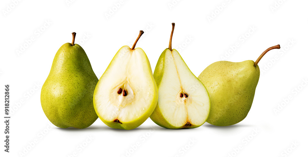 Isolated pears. One and a half yellow and green pear fruits Isolated pears. One and a half yellow and green pear fruits