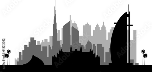 Black and white silhouette of Dubai city. United Arab Emirates. Vector illustration.