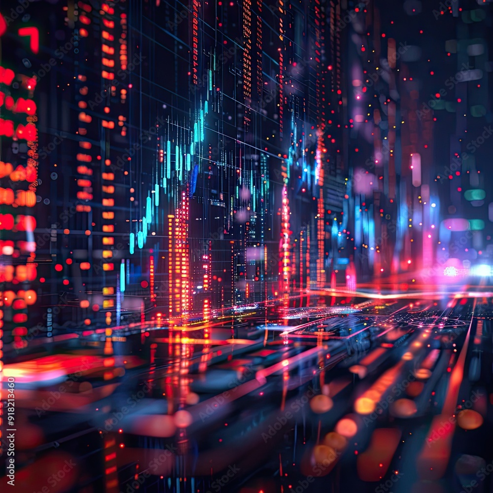 Fototapeta premium Abstract representation of a financial data chart with glowing lines, numbers, and futuristic elements in a digital environment.