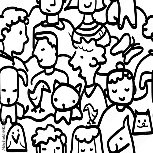 Hand drawn doodle seamless pattern with cartoon characters. Vector illustration.