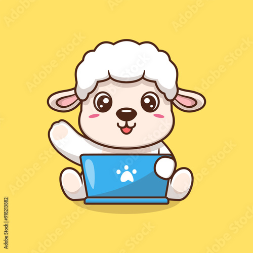 Cute sheep working on laptop cartoon vector illustration animal technology icon concept