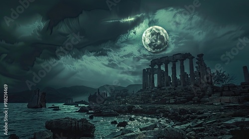 A mystical Halloween in Greece, with ancient ruins and mythical creatures like the Hydra lurking in the dark waters of the Aegean Sea