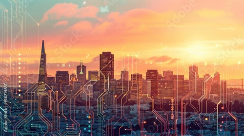 bright and natural color concept design of sanfransisco city from distant picture alongside abstract elements of circuitry, silicon chips, and binary code photo