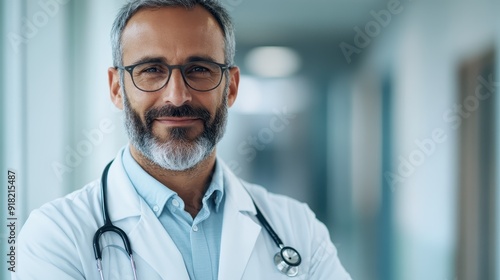 A smiling male doctor dressed in a white lab coat with a stethoscope, standing confidently with his arms crossed, captured in a hospital corridor setting.