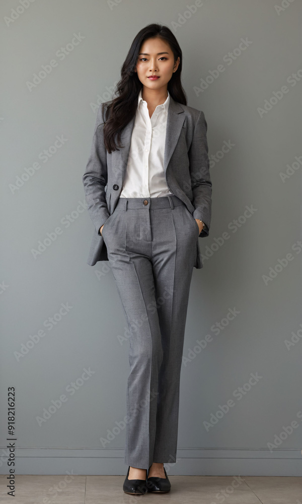 A businesswoman wearing a gray suit and white shirt stands confidently against a gray wall. A businesswoman wearing a gray suit and white shirt stands confidently against a gray wall.