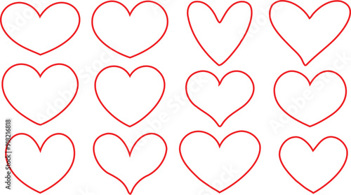 Outline red heart set. Set red shape heart icon, vector set heart shape, lovers on Valentine's day.