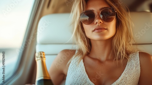 A fashionably dressed woman enjoys a luxurious flight, holding a bottle of champagne and sitting comfortably in an airplane seat by the window, exuding opulence and relaxation. photo