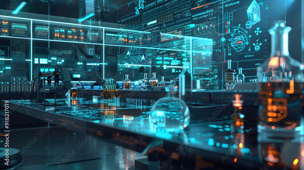 A futuristic science laboratory in holographic style A futuristic science laboratory in holographic style