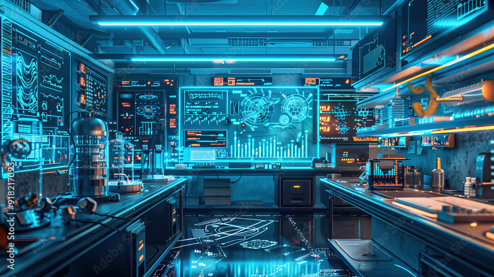A futuristic science laboratory in holographic style A futuristic science laboratory in holographic style