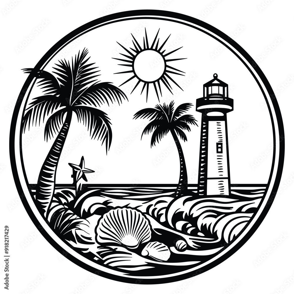 Obraz premium Beach view with coconut trees and Light House, Sketch simple style. logo, black and white vector design