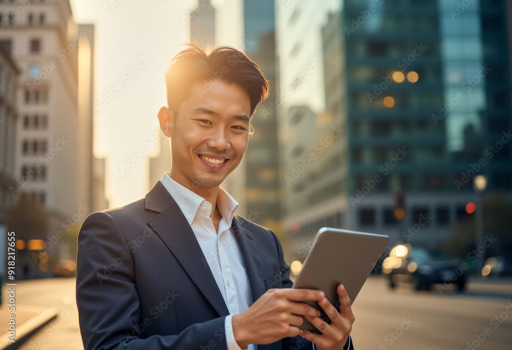 A photo of a business worker person with a tablet computer in hands, in the middle of urban city A photo of a business worker person with a tablet computer in hands, in the middle of urban city