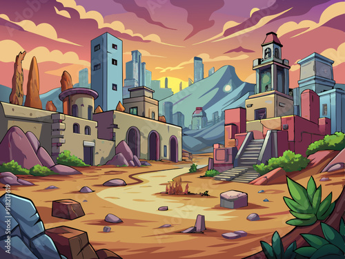 Abandoned city, cartoon hand-drawing, illustration