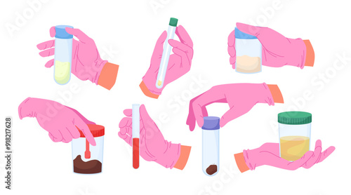 Doctors hands in green gloves holding containers with samples of urine and blood, stool and semen analysis cartoon vector illustration. Medical examination of different types of human fluids set