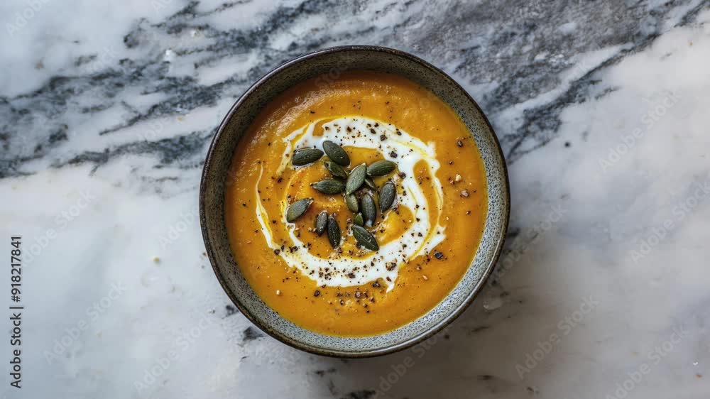 Delicious Pumpkin Soup with Cream and Seeds on Marble Table Delicious Pumpkin Soup with Cream and Seeds on Marble Table