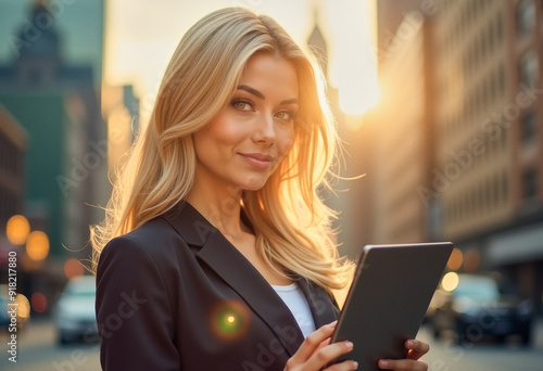 A photo of a business worker person with a tablet computer in hands, in the middle of urban city