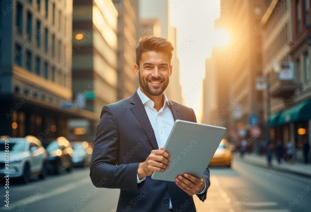 A photo of a business worker person with a tablet computer in hands, in the middle of urban city A photo of a business worker person with a tablet computer in hands, in the middle of urban city