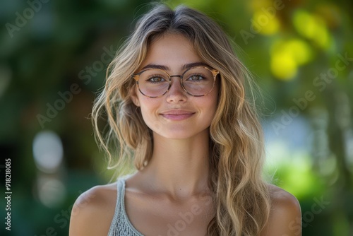 candid portrait of a joyful young woman wearing glasses outdoors natural lighting and genuine smile convey confidence intelligence and approachability