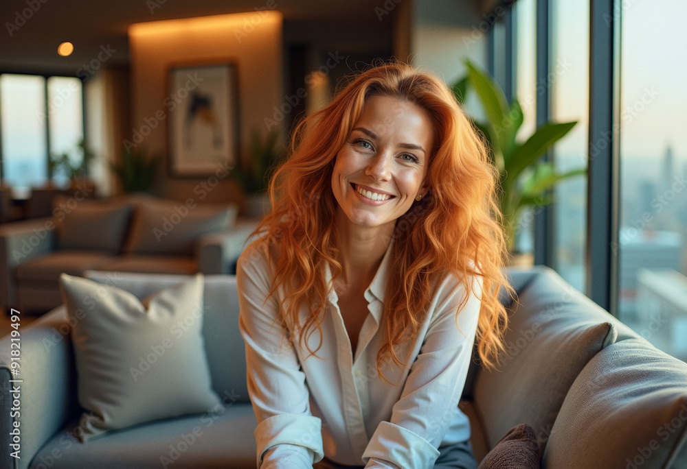 A photo of a penthouse homeowner person relaxing in the apartment with a skyline cityscape view A photo of a penthouse homeowner person relaxing in the apartment with a skyline cityscape view