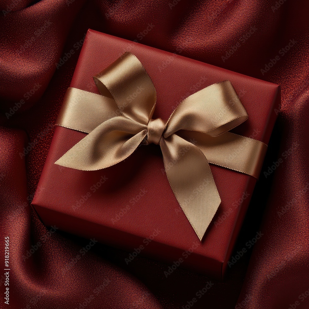 Luxurious Red Gift Box with Gold Ribbon on Matching Fabric Luxurious Red Gift Box with Gold Ribbon on Matching Fabric