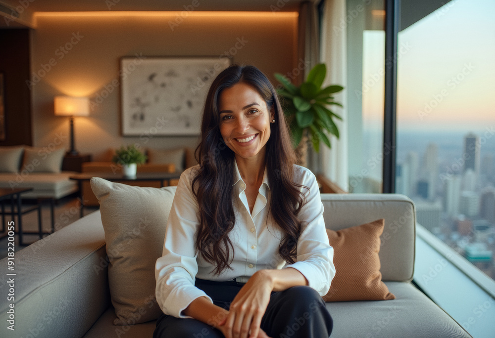 A photo of a penthouse homeowner person relaxing in the apartment with a skyline cityscape view A photo of a penthouse homeowner person relaxing in the apartment with a skyline cityscape view