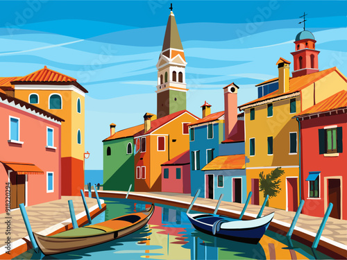 Vector sketch of architecture of Burano island, Venice, Italy.
