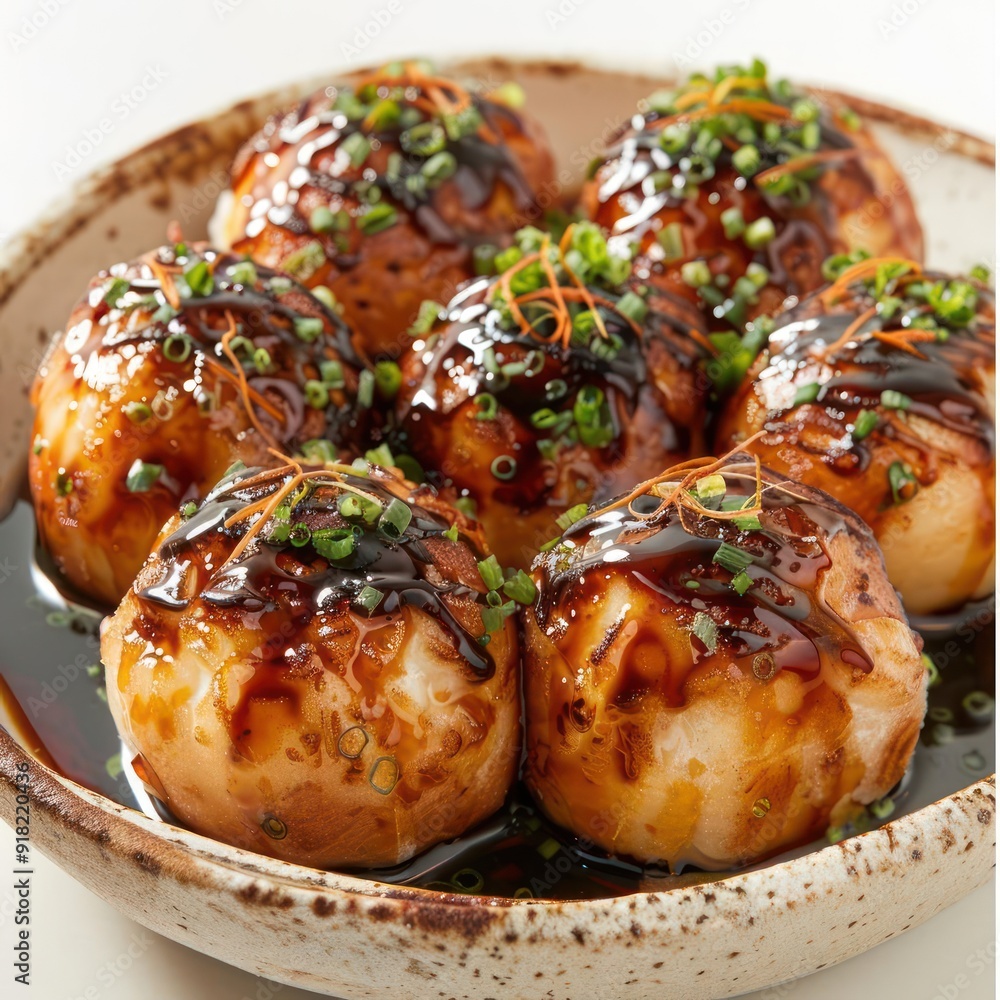 A plate of Japanese fried dumplings, some with dipping sauce, others coated in sesame seeds, A plate of Japanese fried dumplings, some with dipping sauce, others coated in sesame seeds,