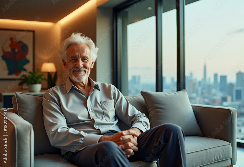 A photo of a penthouse homeowner person relaxing in the apartment with a skyline cityscape view A photo of a penthouse homeowner person relaxing in the apartment with a skyline cityscape view