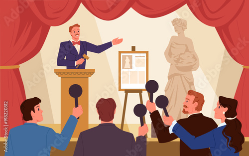 Bidding process on public auction, auctioneer with gavel selling artwork to crowd of customers. Buyers with bid paddle offer prices for valuable art museum product cartoon vector illustration