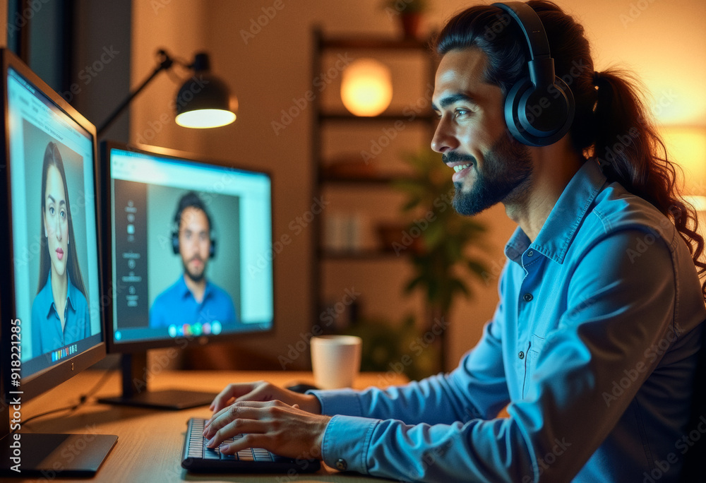 A gorgeous photo of a remote home office worker at a computer A gorgeous photo of a remote home office worker at a computer