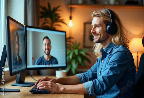 A gorgeous photo of a remote home office worker at a computer