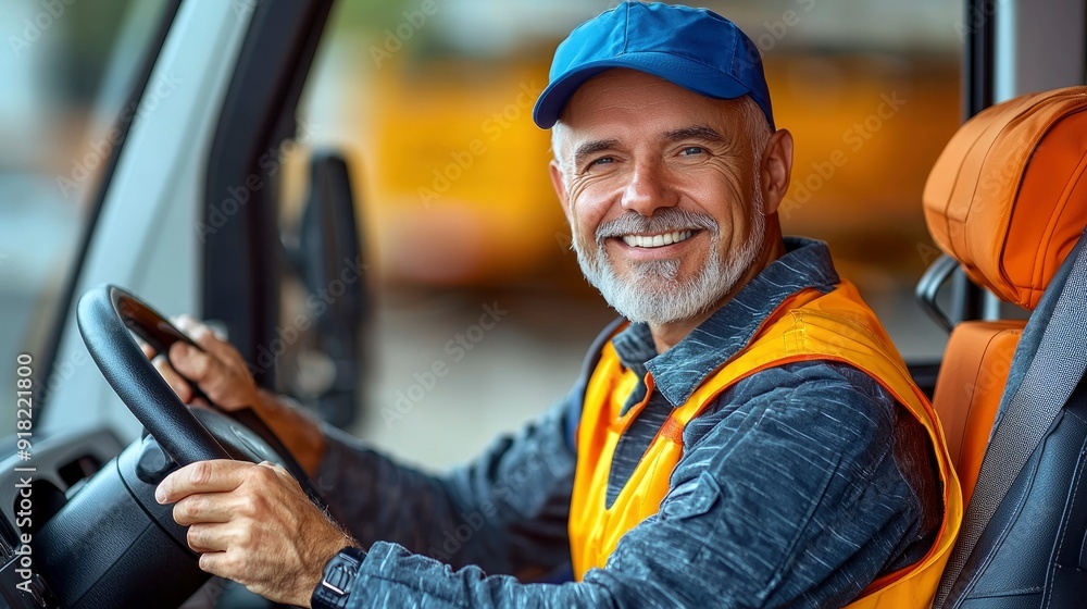 Happy Senior Truck Driver in His Cab Happy Senior Truck Driver in His Cab