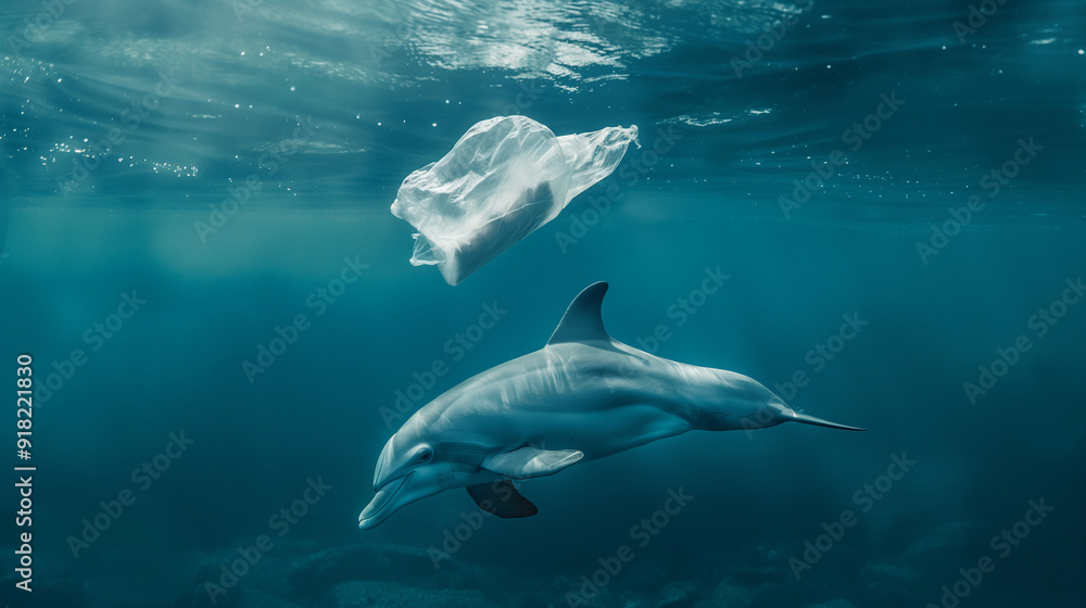 Fototapeta premium A dolphin swimming with a polythene bag in a polluted ocean. Sea microplastic pollution, environmental problems, global environmental changes. 