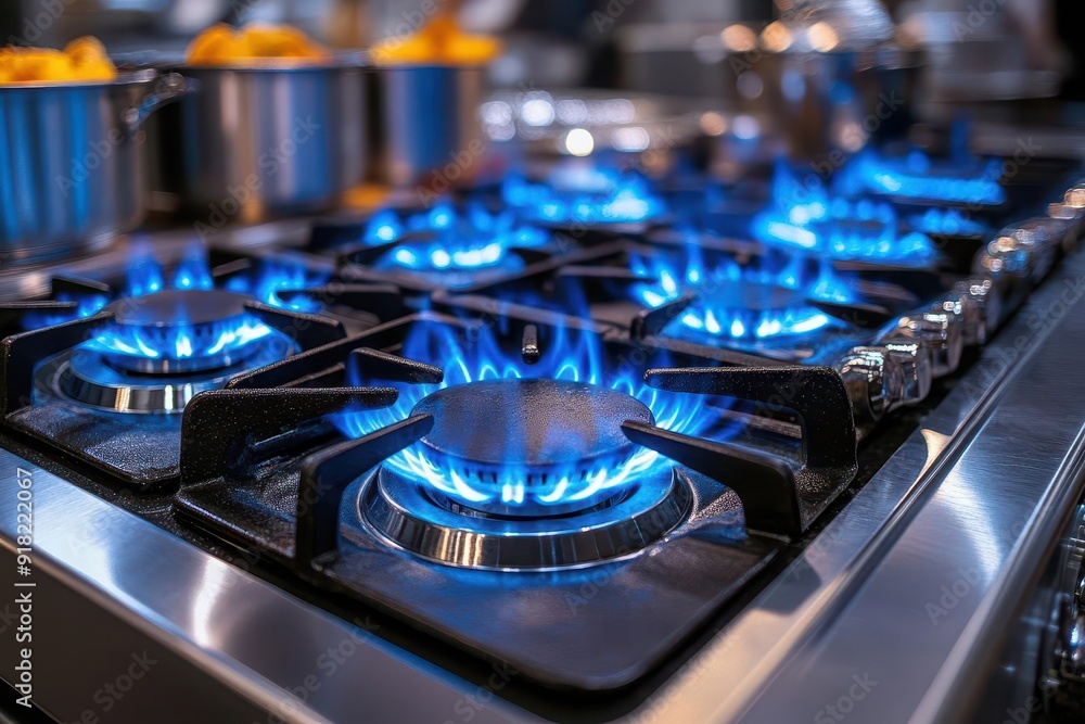 closeup of a modern gas stove burner with vibrant blue flames surrounded by stainless steel emphasizing energy efficiency and culinary precision closeup of a modern gas stove burner with vibrant blue flames surrounded by stainless steel emphasizing energy efficiency and culinary precision