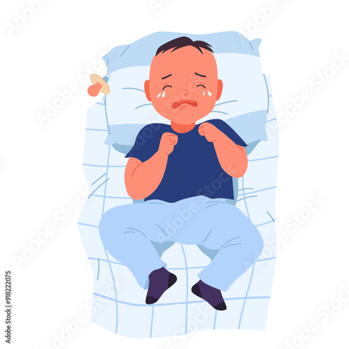 Cute baby boy crying, babysitting problem. Sad newborn kid in shirt and diapers lying on blue pillow in cradle to cry, top view of exhausted child with with tears on face cartoon vector illustration