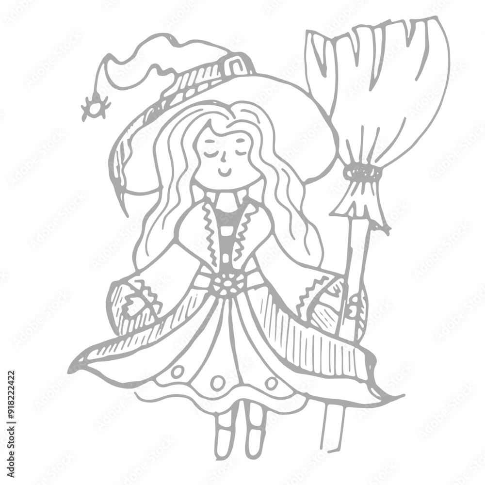 Fototapeta premium Hand drawn illustration of the witch with broom. Halloween doodle vector illustration for kids coloring page 