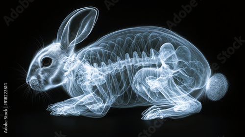A black and white x-ray of an adult rabbit