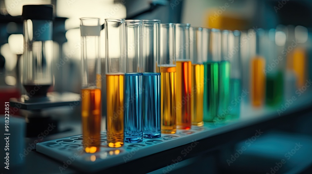 Test tubes filled with colorful liquids, arranged on a science laboratory bench, focused on experimentation. Test tubes filled with colorful liquids, arranged on a science laboratory bench, focused on experimentation.
