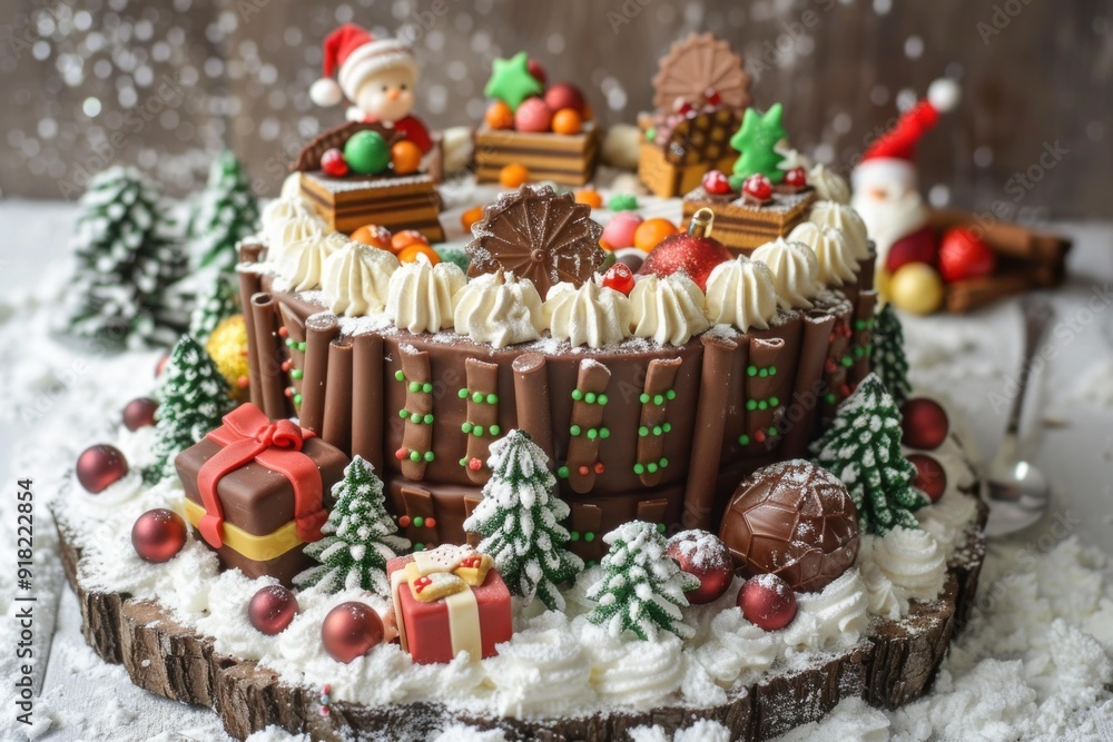 Rich chocolate cake adorned with holidaythemed toppings and a snowy winter scene Rich chocolate cake adorned with holidaythemed toppings and a snowy winter scene
