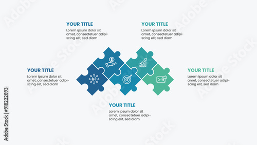 Modern infographic template with 5 options. Business presentation design with puzzle illustration.