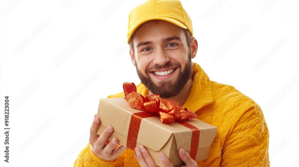 Happy Delivery Man Holding Gift Box Happy Delivery Man Holding Gift Box
