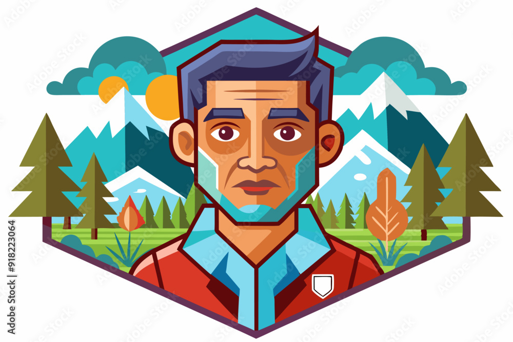 Cartoon Illustration of a Man in Front of a Mountain Landscape Cartoon Illustration of a Man in Front of a Mountain Landscape