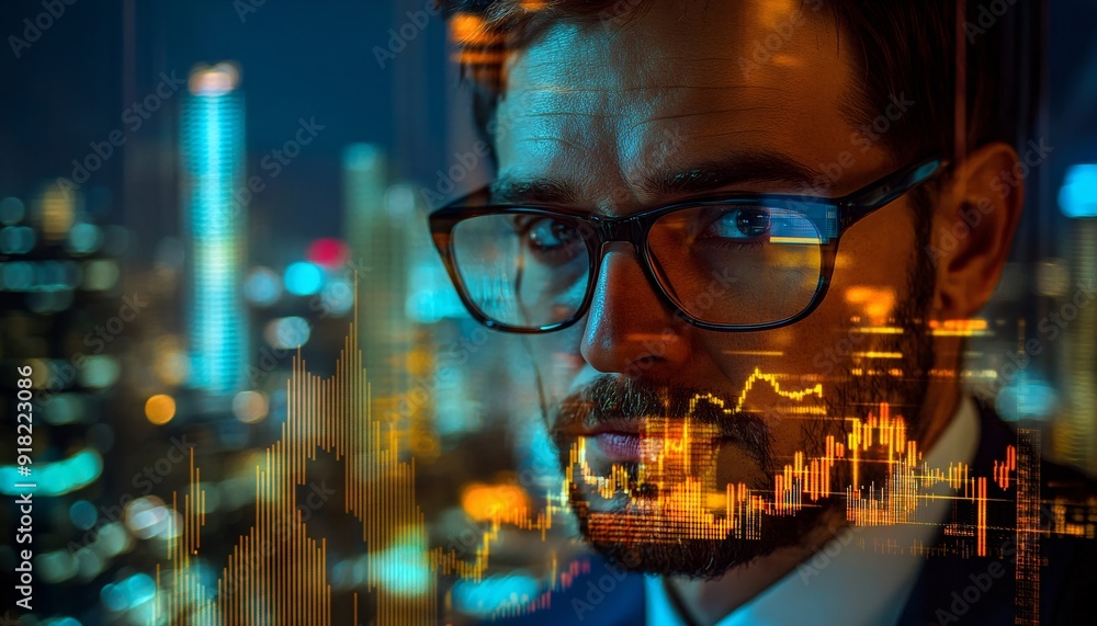 A Professional with a Serious Expression in Double Exposure Stock Market Theme Double Exposure of Stock market A Professional with a Serious Expression in Double Exposure Stock Market Theme Double Exposure of Stock market