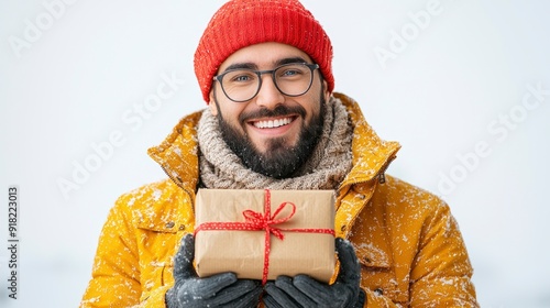 Happy Man Holding Gift in Winter photo