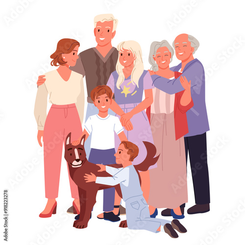 Happy hugs of big family. Fun gathering of generations of relatives, husband hugging wife and daughter, grandparents, sister and brother standing together, playing with dog cartoon vector illustration