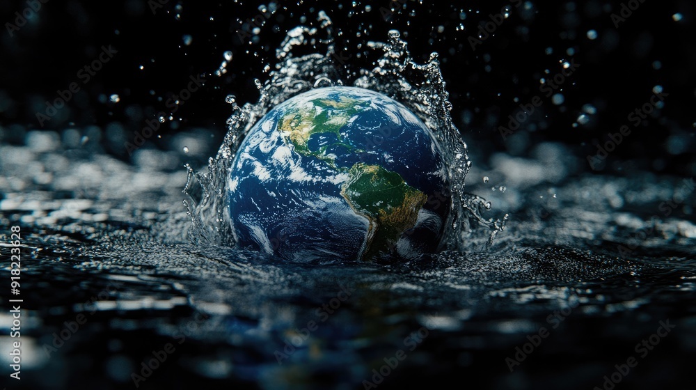 Water rippling around a floating Earth globe, emphasizing the connection between the planet and water. Water rippling around a floating Earth globe, emphasizing the connection between the planet and water.
