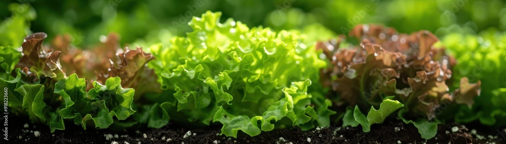Fresh Green and Red Lettuce Growing in a Garden Bed Under Natural Sunlight Fresh Green and Red Lettuce Growing in a Garden Bed Under Natural Sunlight